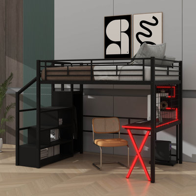 Lit mezzanine double en métal avec espace de travail, garde-robe, escalier de rangement et éclairage intégré