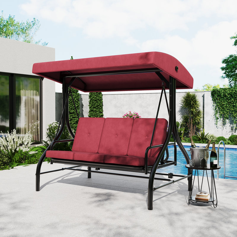 Heavy Duty 3-Seater Outdoor Porch Swing with Stand – Convertible Bed, Thick Cushion, Adjustable UV-Resistant Waterproof Canopy, 800 lbs Capacity, Patio Garden Furniture – Red