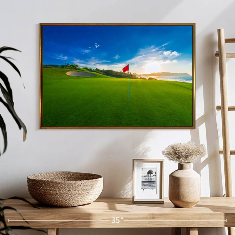 Drapeau rouge du terrain de golf, 25 po x 17 po, Cadre flottant doré