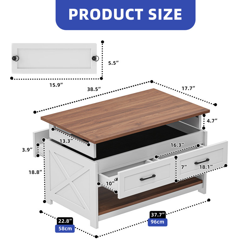 38" Multifunction Farmhouse Coffee Table Board Game Table with Removable Tabletop and Charging Station, Brown Top/White Base