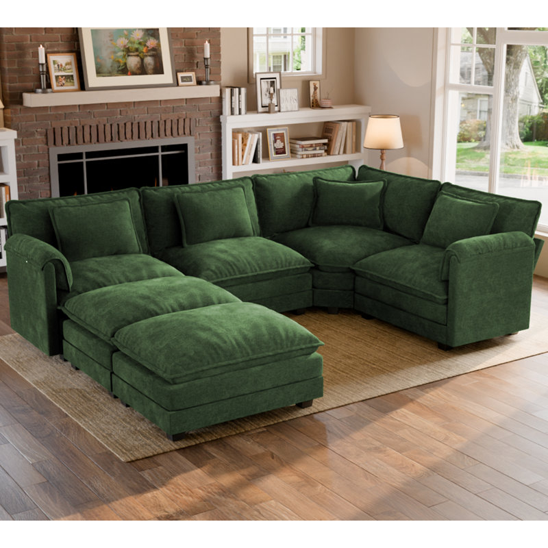 Canapé modulaire de coin modulaire en U rembourré en U de 114 pièces 6 pièces Amabilia - Tissu chenille, Chenille verte