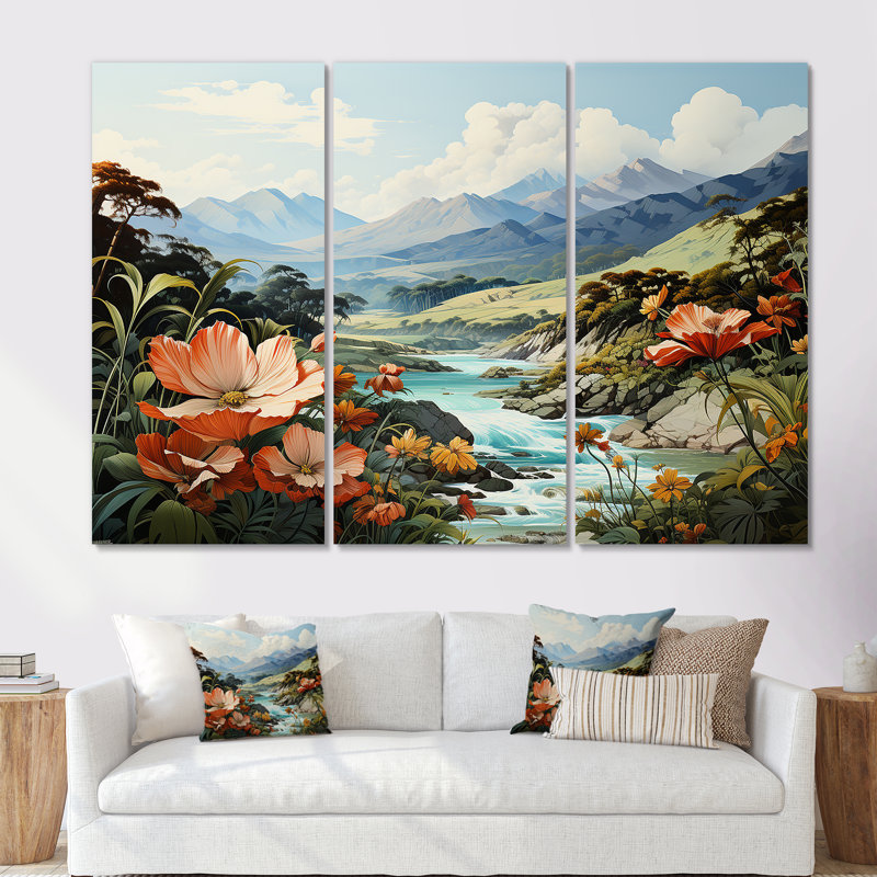 «Beautiful River and Mountain Landscape - Flowers», ensemble d'art mural, Toile tendue, H 40 po x l 60 po x P 1 po