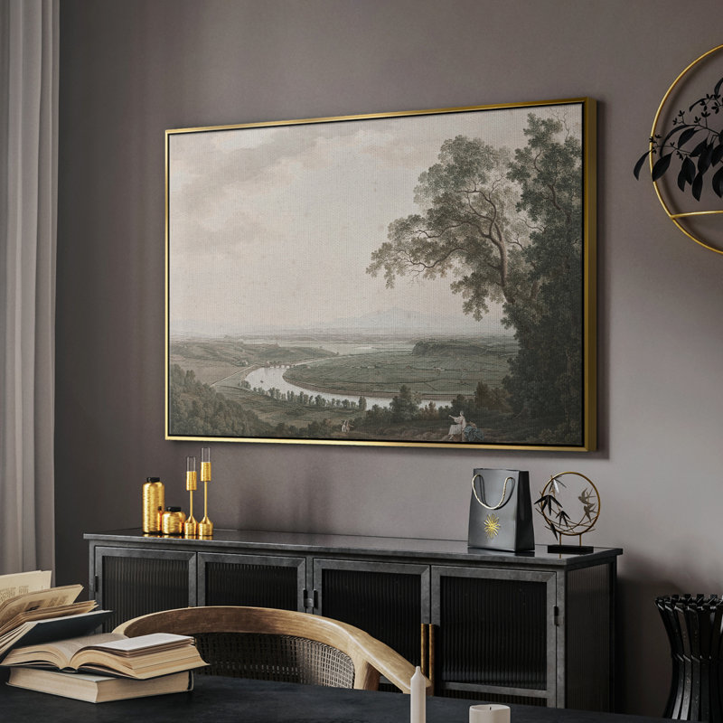 Paysage rétro - CDxxiv, Toile avec cadre flottant or, H 25 po x l 37 po x P 2 po