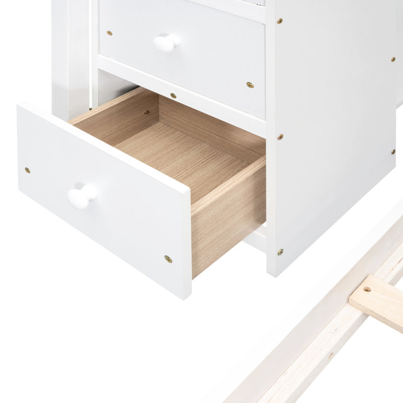 Élégant lit simple superposé au-dessus d'un lit double en blanc - Comprend des tablettes à 3 niveaux, des tiroirs et des éléments de rangement pour les escaliers maximisent la capacité de votre chambre à coucher