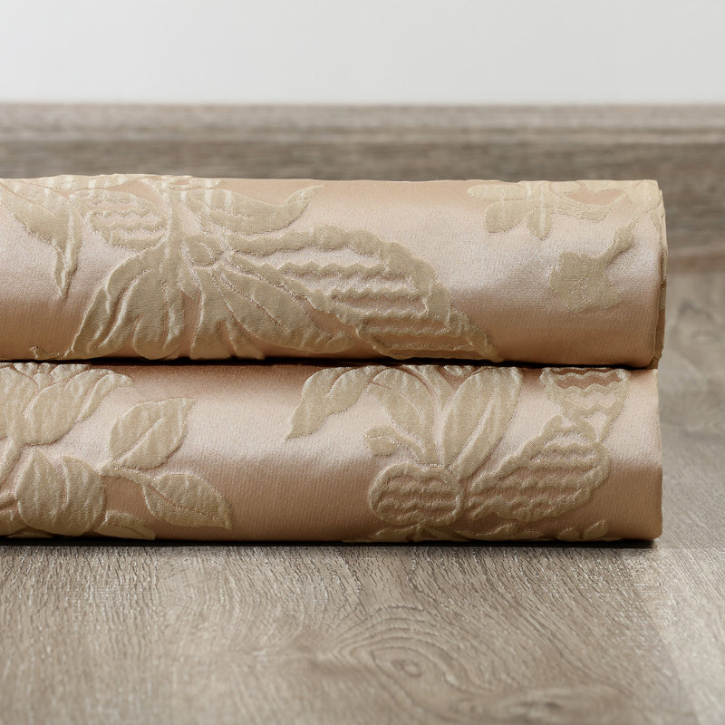 Ballsallagh Floral Faux Silk Room Darkening Curtain Panel, 50" W x 96" L, Magdelena Beige/Gold