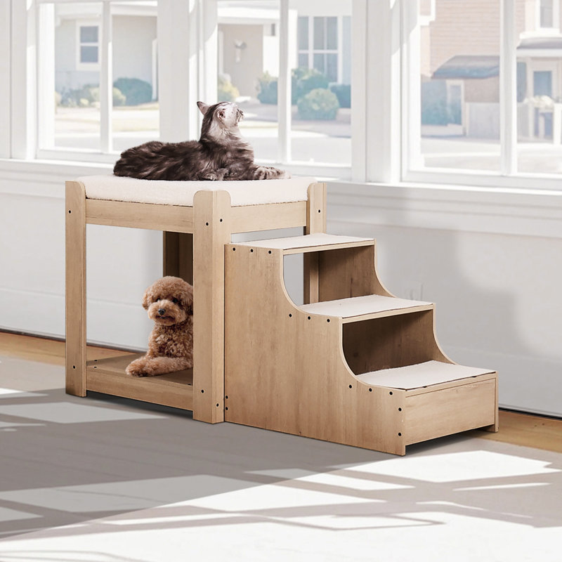 Pet Bunk Bed with Stairs Dog/Cat Window Perch Sleeper Couch Medium Size, Beige