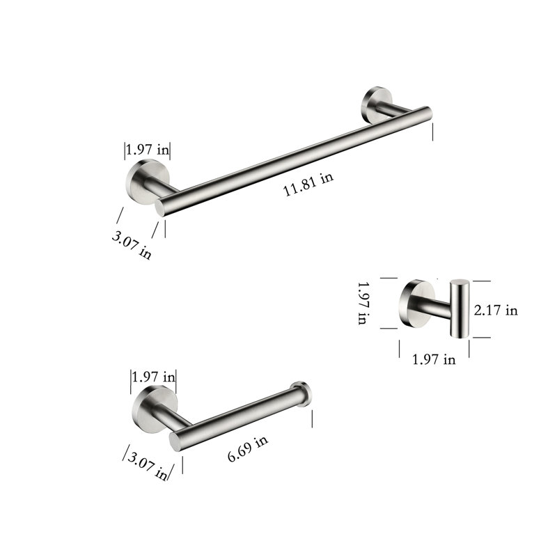 3 Sus304 Stainless Steel Bathroom , Brushed Nickel, Bath Shower Components (robe Hook, Toilet Paper Holder, Towel Bar Stable (toilet Bar, Robe Hook