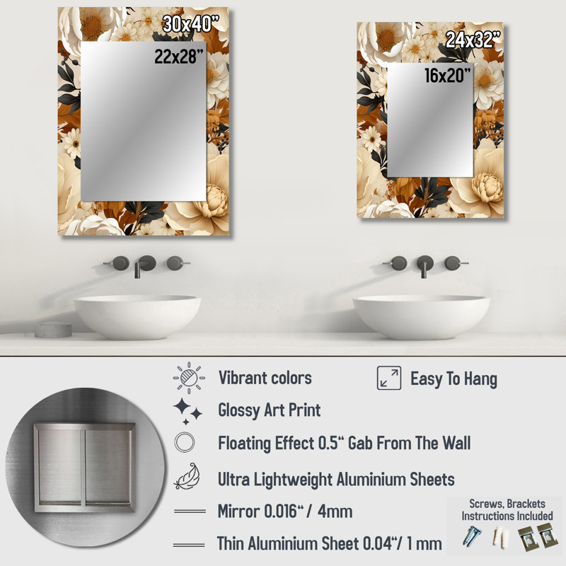 Alnesha Boho Earthy Blooms Poppies Bloom - miroir mural floral, miroir décoratif de chalet, impression d'art en métal