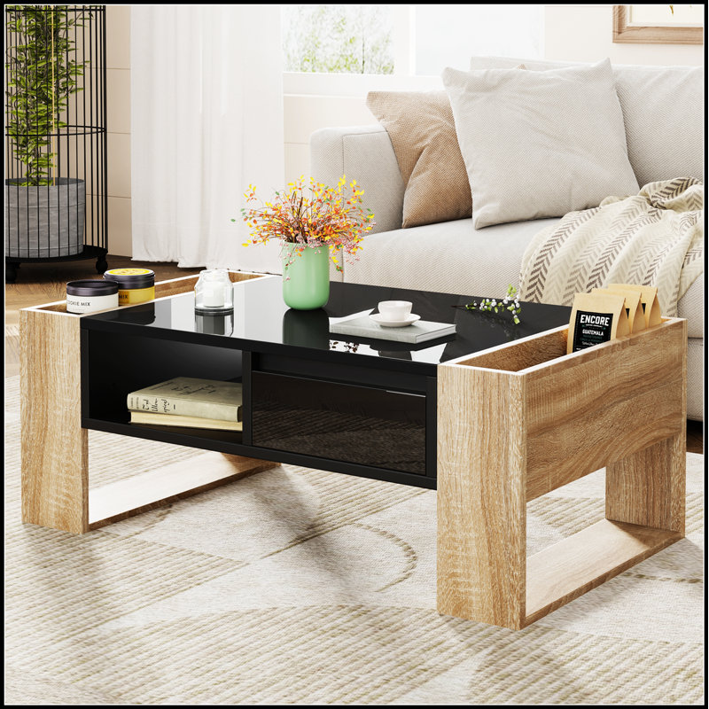 Table basse très brillante avec 2 tiroirs, table basse pratique à deux tons avec compartiments cachés, Noir/naturel