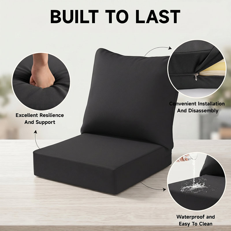 Outdoor Deep Seating Cushion loveseat of 2 -Waterproof, Detachable Cover 24"x24"x4"+22.5"x24"x6.5" Black, Black
