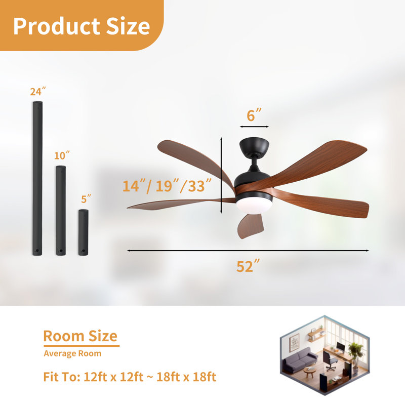 TurboBreeze 52'' - 5 Blade Modern Ceiling Fan with Dimmable Light Kit and Remote Control, Matte Black/Walnut, 52"