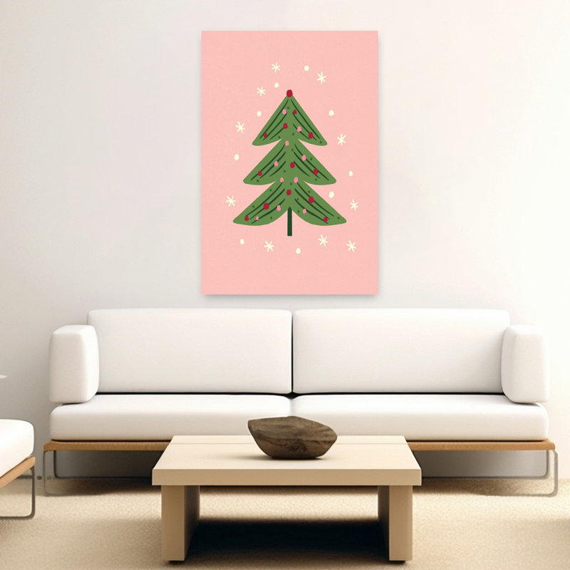Whimsical Pink Christmas Tree Modern Abstract Christmas Tree Winter Landscape Wall Art Print 1 Piece Wrapped Canvas Wall Art