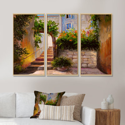«Rustic View of Street Passage In The Village - Lake House», ensemble de 3 toiles encadrées
