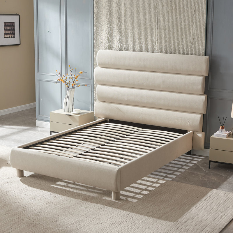 Luxury 60-Inch Asymmetrical High-Back Linen Upholstered Platform Bed - Memory Foam Compatible, No Box Spring Needed | Elevate Your Bedroom with Contemporary Style & Restful Comfort