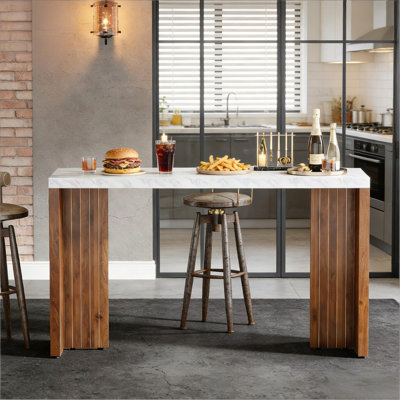 Minimalist Style Faux Marble Top Bar Table with Dark Walnut Legs for Social Gatherings and Home Bars