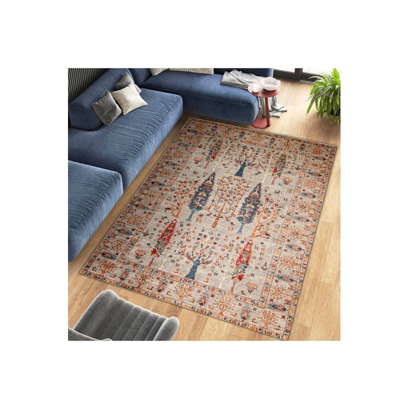 Orange Toned Colourful Trees Pattern Woven Base Modern Decorative Machine Washable Area Rug, Runner 2'6'' x 6'7''