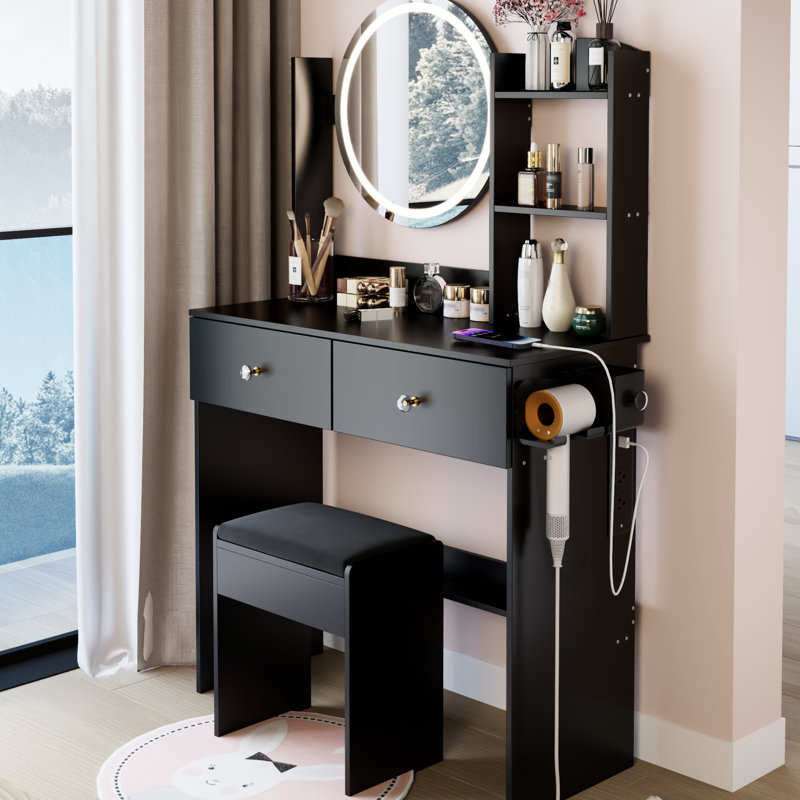 17" Led Mirror Vanity Table And Cushioned Stool, 3 Colors Of Adjustable Brightness , Built - In 2 Ac + Power Ports, Big Mirror, Touch Switch, Multi Layer Storage, American Style, 46.5 Height Stool ,