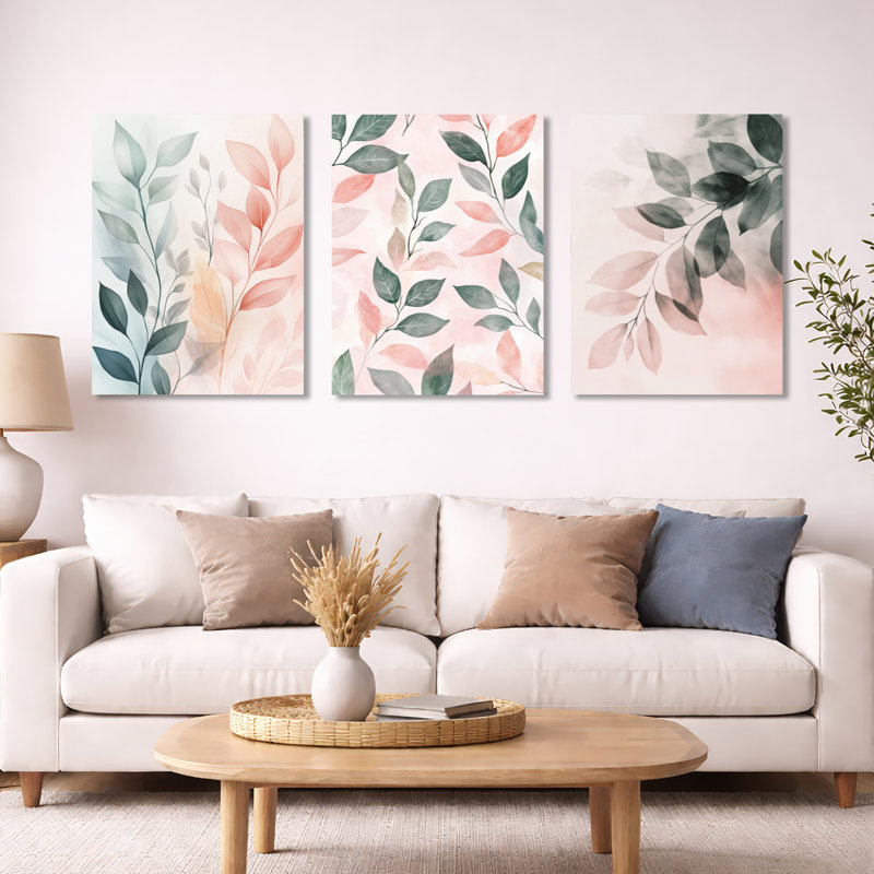 Blush Leaf Accent – Sage Leaves Framed Wall Art Set of 3, Black Floater Framed, 32" H x 72" W