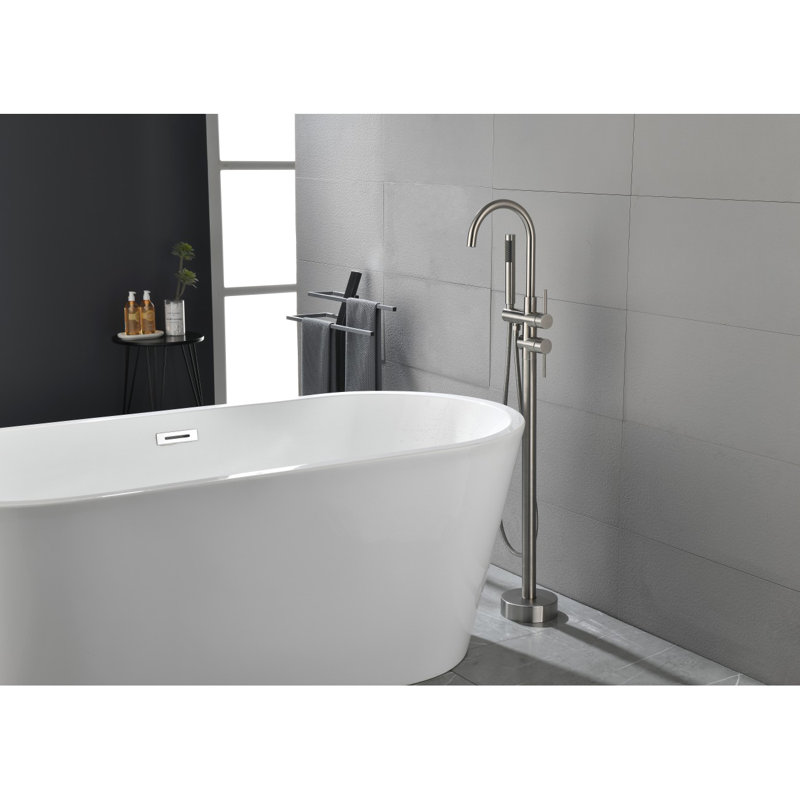 Robinet de baignoire autoportant à fixation au sol à haut débit avec pomme de douche à main et bec pivotant, Nickel brossé