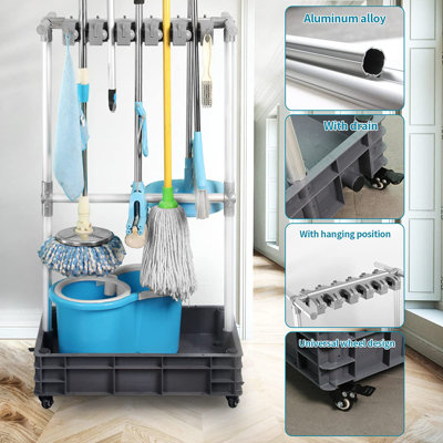 Broom And Mop Holder Put Wet Mops Movable Floor-Mounted Mop Rack Floor Standing Cleaning Tool Cart Storage(12Racks)