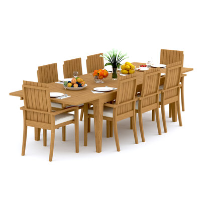 13 Pcs Grade-A Teak Wood Dining Set: 122" Caranas Double Extension Rectangle Table And 12 Goa Stackng Arm Chairs #11GO2912