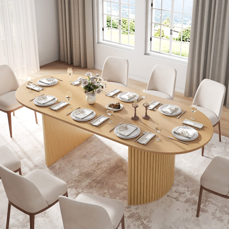 Fohoren Oval Dining Table Double Pedestal Kitchen Table, Natural Wood, 79" L x 33.5" W x 30" H