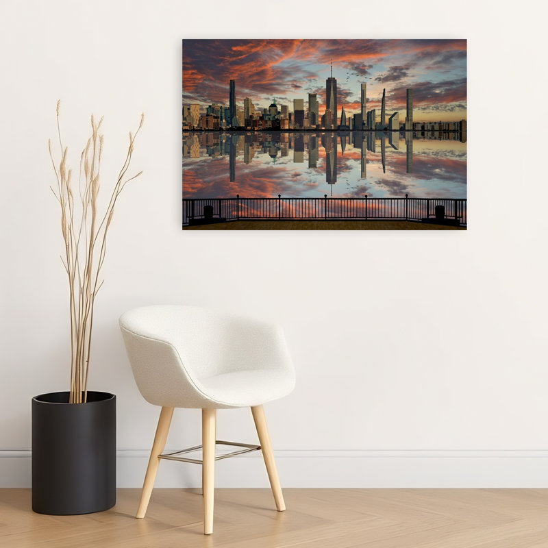 Reflet de la ville au coucher du soleil - Affiche murale colorée et spectaculaire représentant une architecture moderne.
