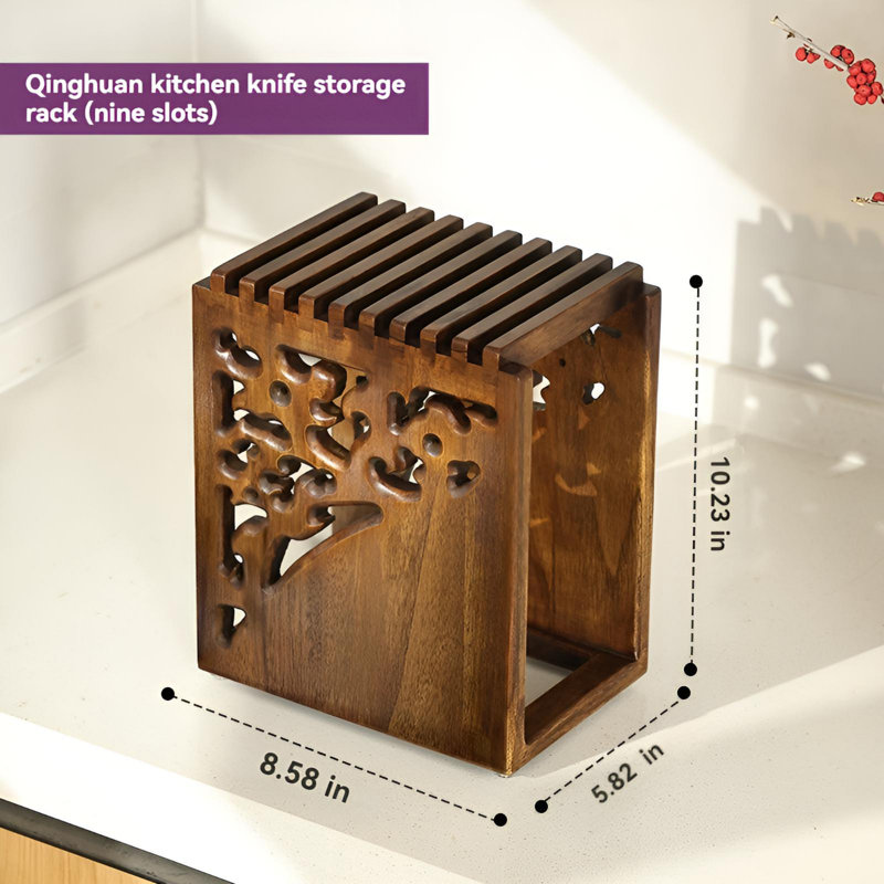 Teak Carved Retro Style Kitchen Knife Storage Rack - Sturdy, Moisture-Proof, Elegant And Practical