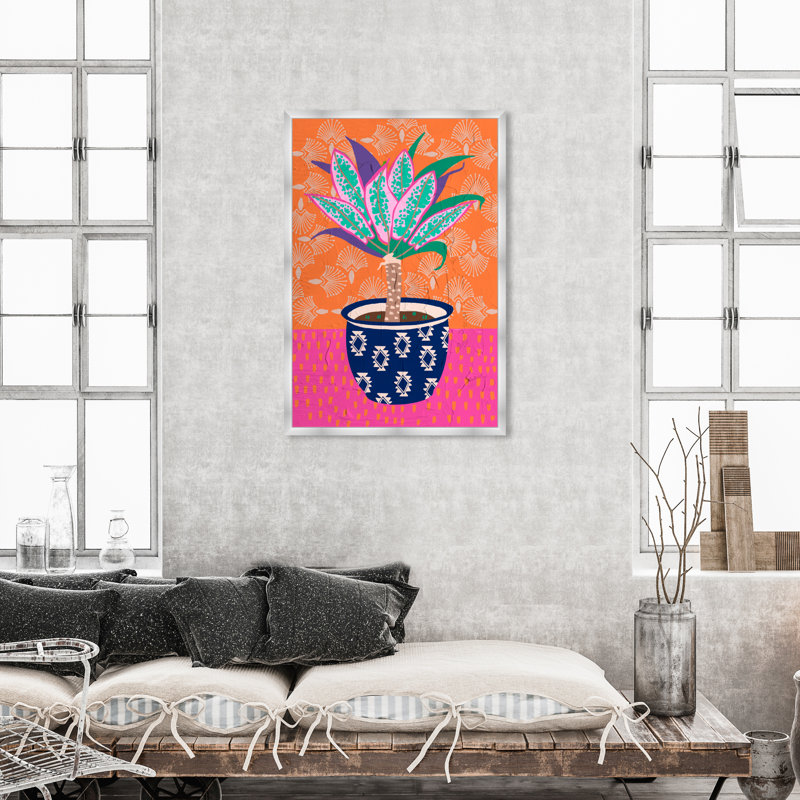 Pot de plantes à motif coloré - peinture sur papier, H 47 po x l 32 po, Papier avec cadre argenté