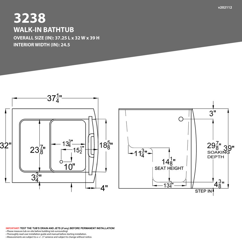 Tub'n Wall Series 32" x 37" Left Side Drain Soaker Bathtub in White with Matching Smooth Shower Wall Kit, Left