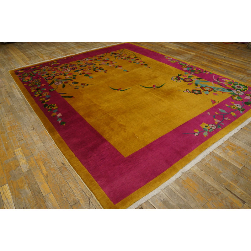 Antique Wool Coral / Salmon Pink Yellow Gold Orange Hand Knotted Pile Rug
