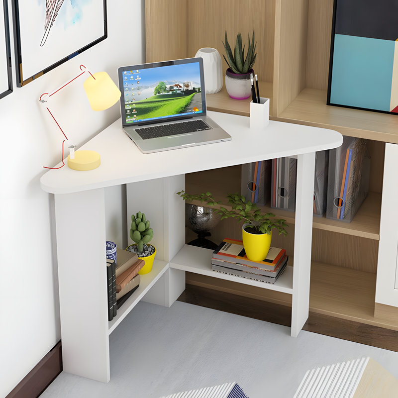 Corner Computer Desk With Storage Shelf, Space-Saving Triangle Study Table For Small Spaces, Compact Workstation For Home Office