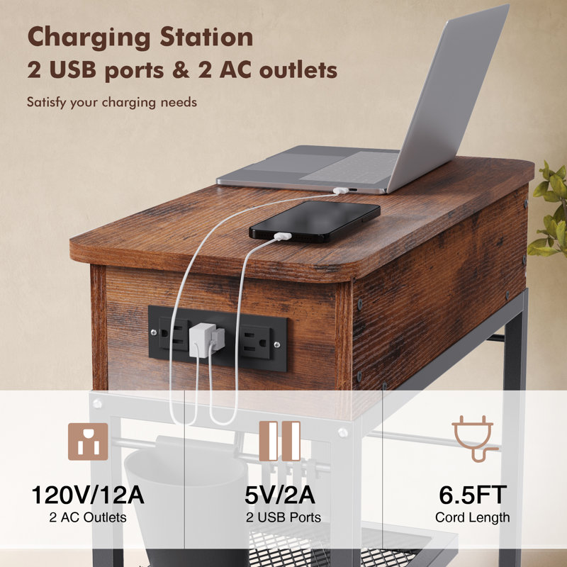 Lift Top End Table with Charging Station, Rustic Brown