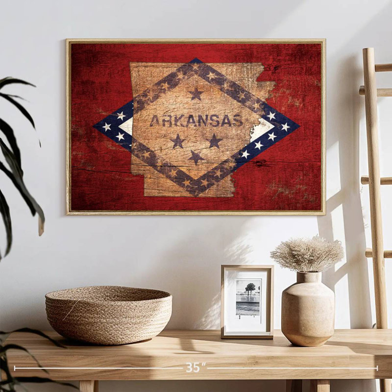 Carte d'État sur le drapeau de l'Arkansas, 25 po x 17 po, Cadre flottant en bois naturel