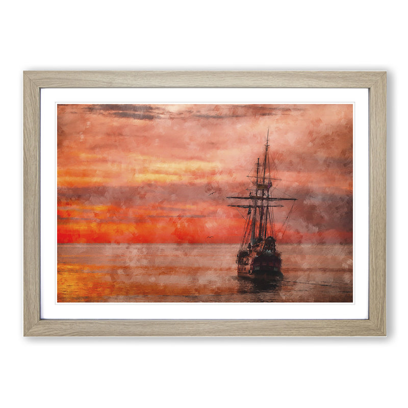 Ship at Sunset - Picture Frame Graphic Art, Oak Framed, 36cm H x 48cm W x 2cm D
