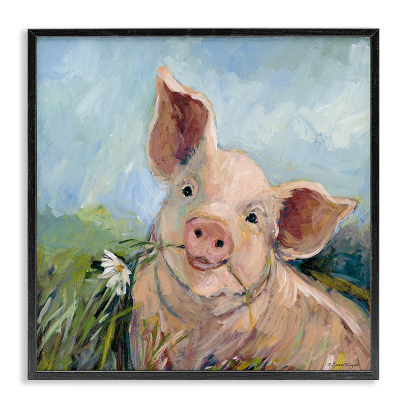 «Whimsical Pig & Daisy», art de la giclée encadrée, conception par Susan Winget, Giclée encadrée noir minuit