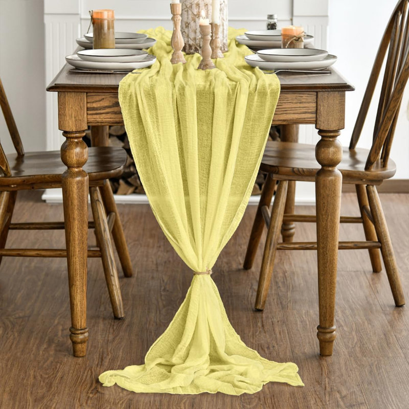 Light Yellow Boho Gauze Wedding Cheesecloth Table Runner 300 cm | Seasonal Summer Bridal Fabric Kitchen Dining Holiday Table Decor for Home Party