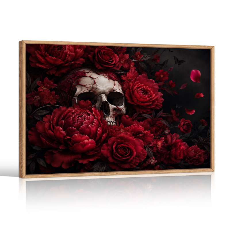 Impression sur toile, crâne humain foncé gothique entouré de roses rouges, H 18 po x l 24 po