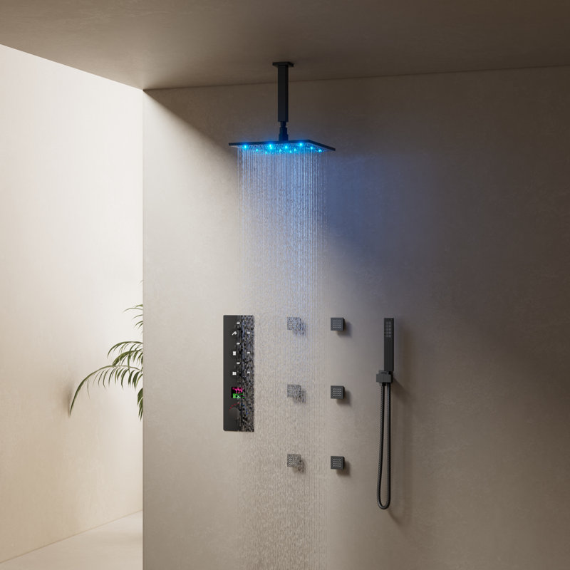 Thermostatic Digital Shower System Set ,12" LED Rainfall Shower Head with Rough-In Valve, Matte Black