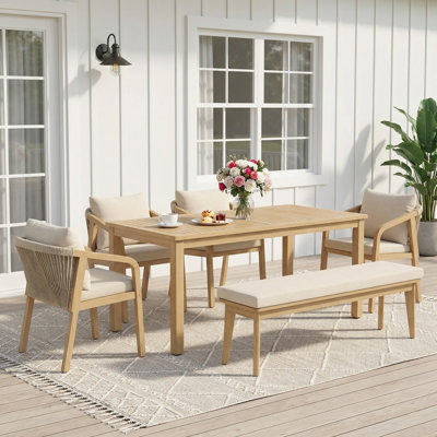 6-Person Outdoor Dining Set with Cushions, 6-Piece Acacia Wood Patio Dining Set with Bench and 69" Rectangular Table