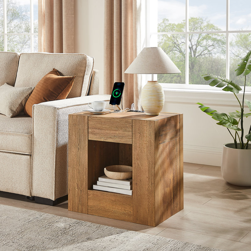 Table de chevet moderne avec station de charge, grande table de chevet de 24 po avec tiroirs et tablette ouverte, table de chevet en bois épais