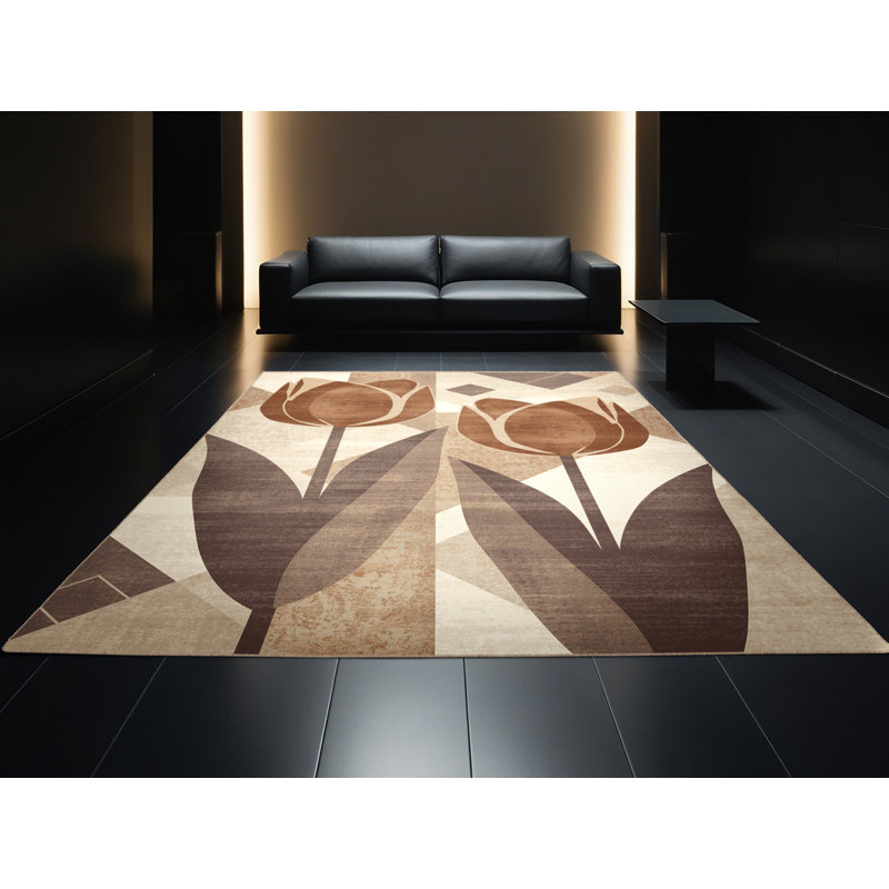 Machine Washable Parrilla Tulip Modern & Contemporary Geometric Shapes Rug in Brown – Beige Binding, 2x5