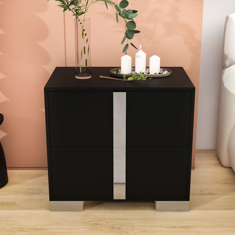 Kievon Mirrored Nightstand with Metal Handle, Wood Bedside Table with 2 Drawers, Black