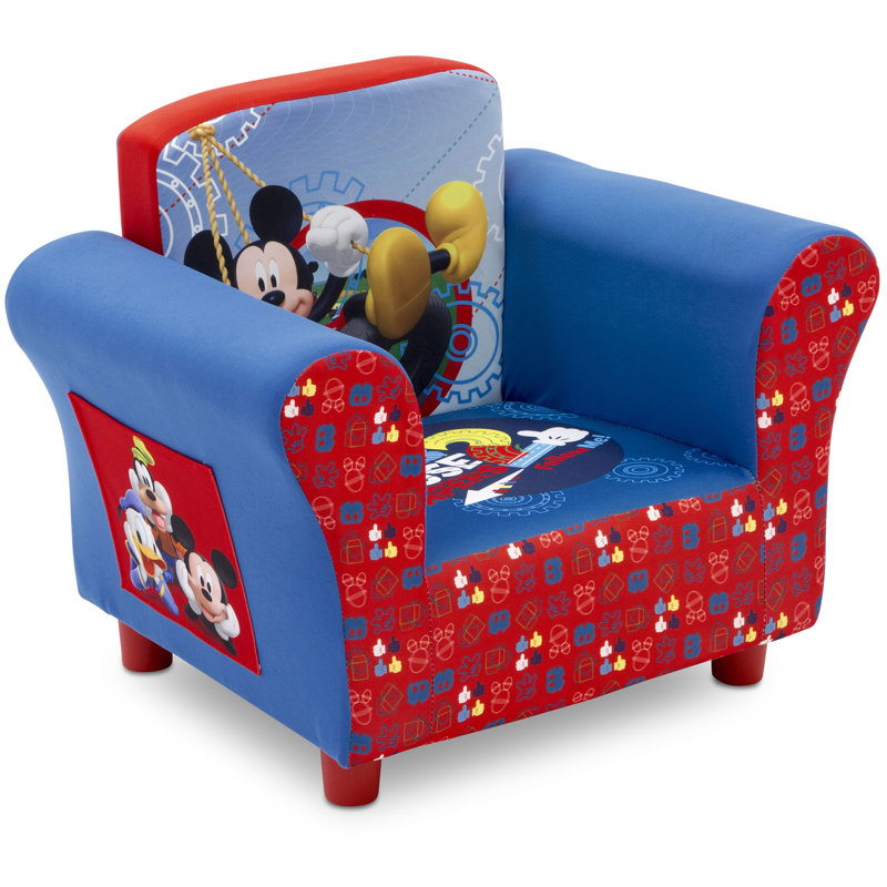 Mickey Mouse Blue and Red Velvet Kids Chair with Wood Frame