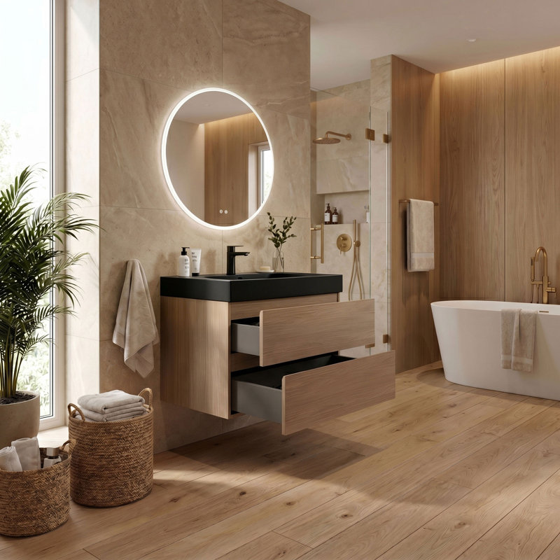 Meuble-lavabo mural simple avec comptoir en quartz et trop-plein, Brown Walnut, 30", Noir mat