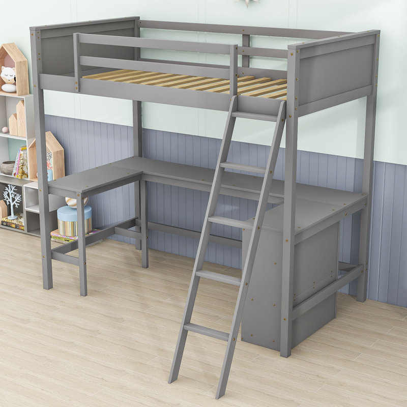 Kids Twin Loft Bed With Shelves and Desk, Gray