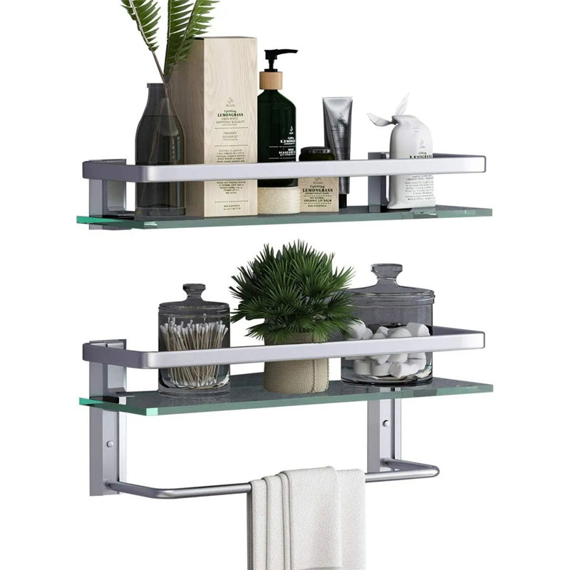 Bathroom Shelf Wall Mounted Floating Glass Shelf with Towel Rack 2 Tiers, Silver