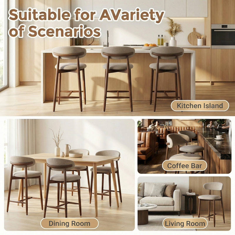 Upholstered Counter Height Bar Stool with Solid Wood legs, Camel, 4