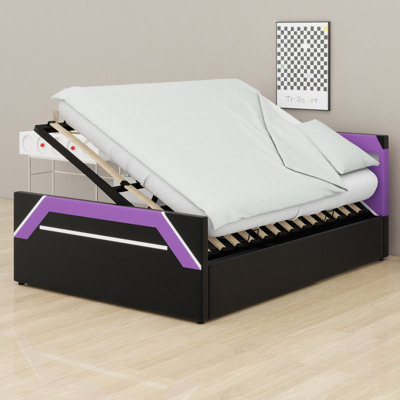 Tête de lit de jeu à 7 couleurs à DEL, lit plateforme hydraulique avec rangement latéral, Black+Purple