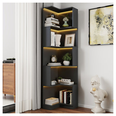 Bibliothèque d'angle - Bibliothèque d'angle à 5 niveaux avec cloison, tablette en L autoportante avec éclairage DEL pour bureau, salon, chambre à coucher, cuisine